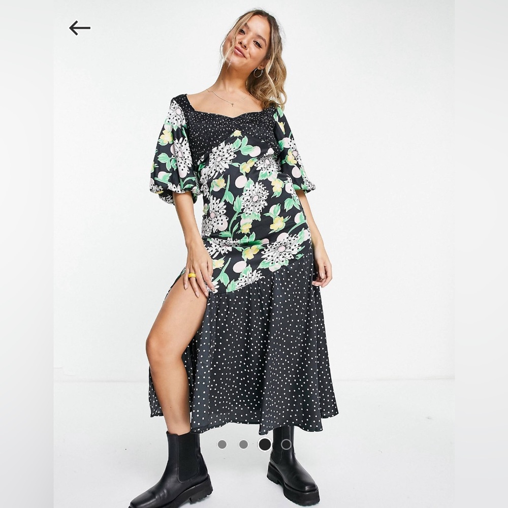 Mixed Print Bubble Sleeve Midi Tea Dress - Size 2